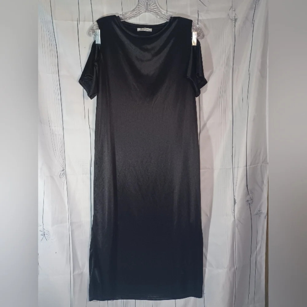 Zara Trafaluc cold shoulder black satin-feel minimalist shift dress